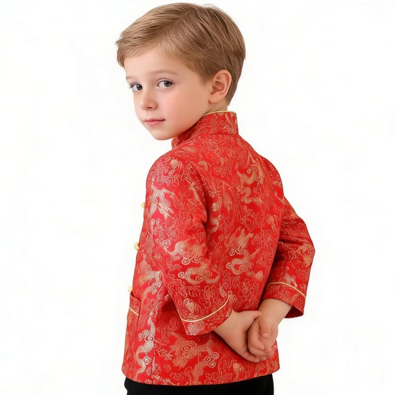 SZCQ Little Boys Dragon Tang Coat Long Sleeve Chinese Clothing Children Costumes Boy Jackets Outfit Tops (Red, 14) - Image 2